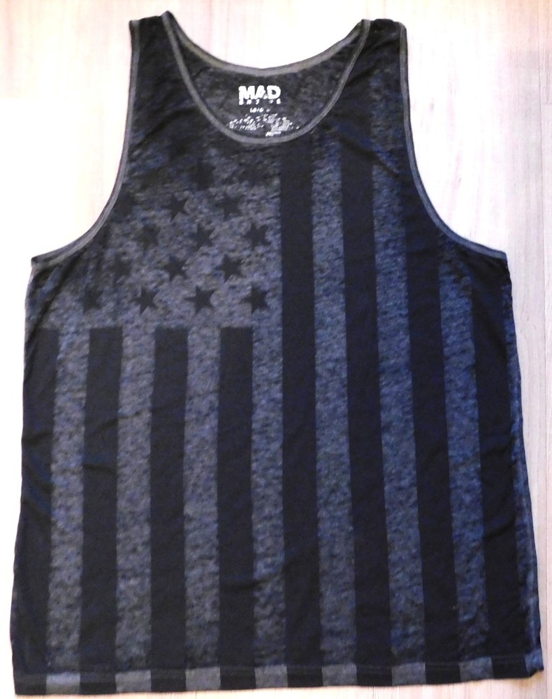 Mad Engine Men’s Black Gray Graphic Print Sleeveless T-Shirt Round Neck Sz Large