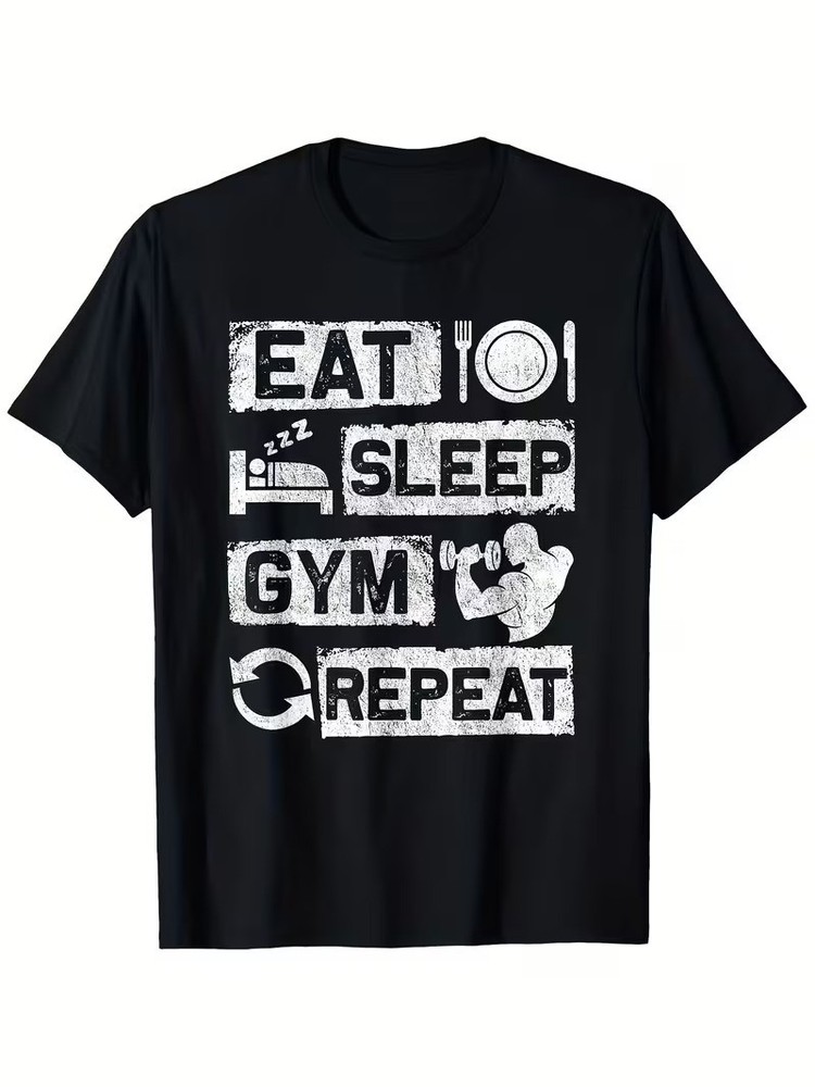 Eat Sleep Gym Repeat Tshirt Funny Gym Motivation Graphic Tee with Weights & Dumb