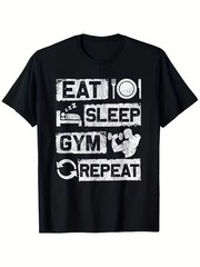 Eat Sleep Gym Repeat Tshirt Funny Gym Motivation Graphic Tee with Weights & Dumb