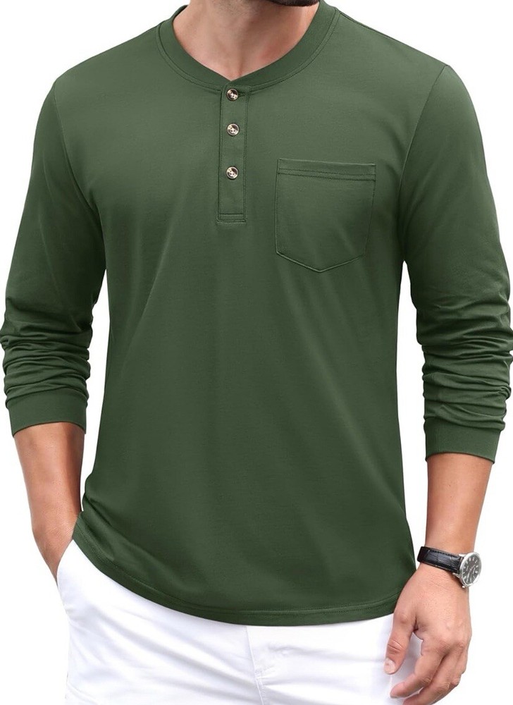 MAGCOMSEN Mens Henley Long Sleeve Casual Shirts Cotton Pocket Army Green Size M