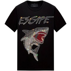 New Men Fashion Diamond Shark Rhinestones Luxury Black White T-Shirt