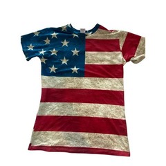 American Flag Rayon Stretch Photo Print T-Shirt Patriotic Muted Red White Blue