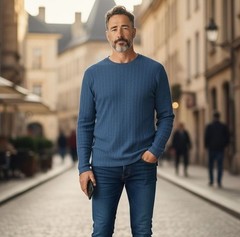 90’s Alfani Mens Small Blue Ribbed Knit Long-Sleeve Crewneck Shirt 100% Cotton