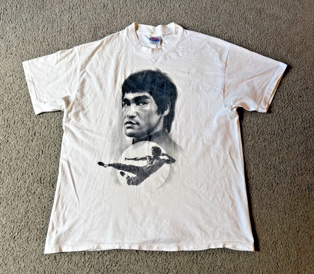 VTG 90s Bruce Lee Portrait Men’s White Single Stitch T-Shirt – Size XL