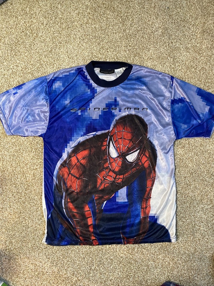 Vtg 2002 Marvel Columbia Spider-Man Movie Promo Blue Polyester Satin T-Shirt