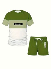 Men’S Plus Size Two-Piece Sportswear Set – Green & White Color Block, 3D Printed