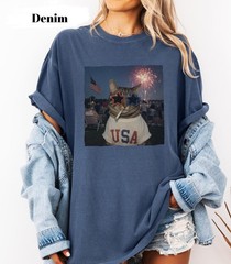 Patriotic Cat Shirt Funny 4th of July Graphic Tee USA Cat Lover Gift