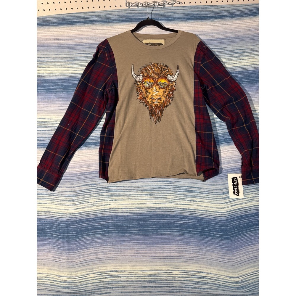Upcycled Hybrid Flannel Tee Bison Graphic Tan Red Plaid Long Sleeve Mens Medium