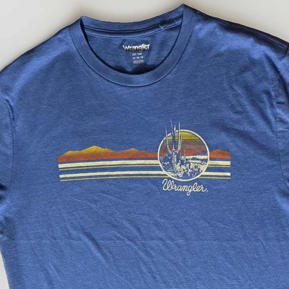 Wrangler Retro T-Shirt Mens M Blue Desert Sunset Cactus Graphic Tee EUC