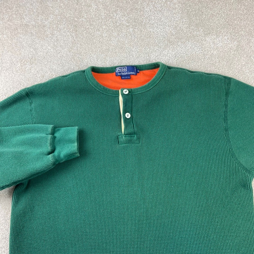 Vtg Polo Ralph Lauren Henley Mens Medium Green Waffle Knit Heavy Thermal