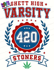 420 Ghett High Varsity Funny Parody T-shirt, Unisex Tee w Marijuana Pot Leaf