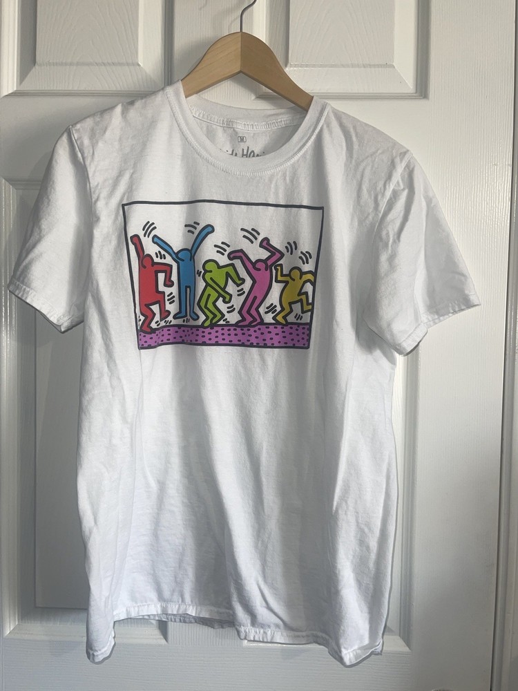 Keith Haring Foundation Dancing Figures T-Shirt Colorful White Short Sleeve Sz M