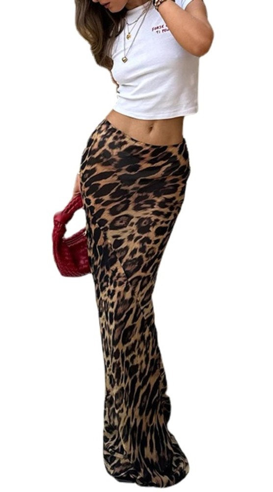 Leopard Print Maxi Skirt Floor Length Skirt Cute Satin Y2k Maxi Summer Skirts…