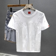 Men’s Summer Casual Short Sleeve T-Shirt Dragon Embroidery Slim Fit O-Neck Top