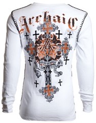 Archaic Affliction Men’s Thermal shirt GODFREY Biker Tattoo Cross White