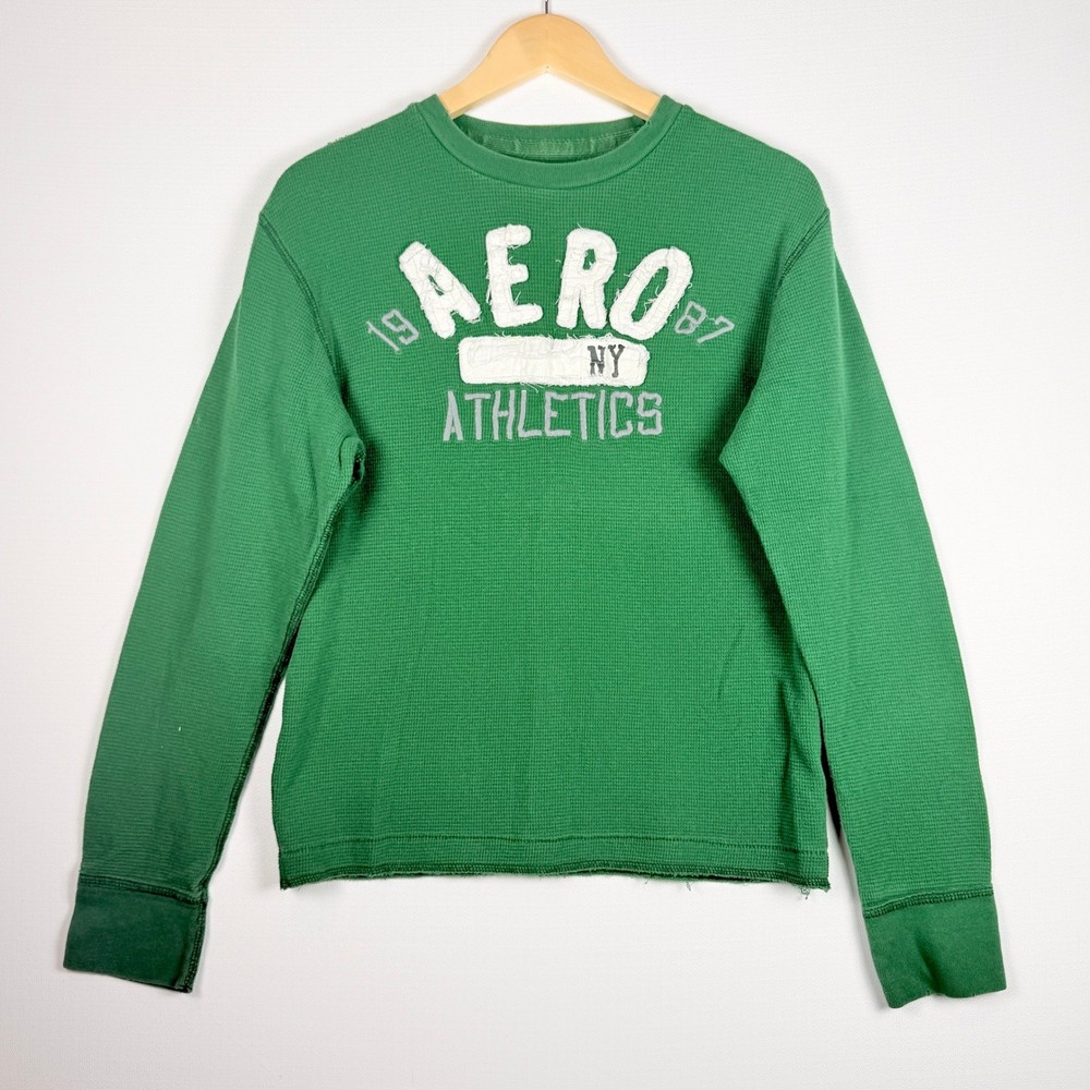 Vtg Y2K Aeropostale Mens Thermal Shirt Large Green Waffle Knit Skater Grunge