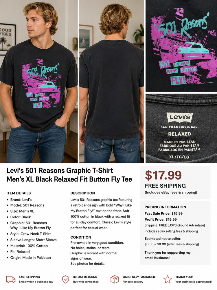 Levi’s 501 Reasons Why I Like My Button Fly Graphic T-Shirt Men’s XL Black