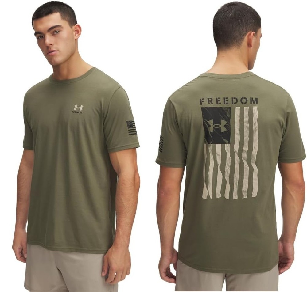 Under Armour Freedom Flag T-Shirt, Marine OD Green-Desert Sand, Pick A Size!