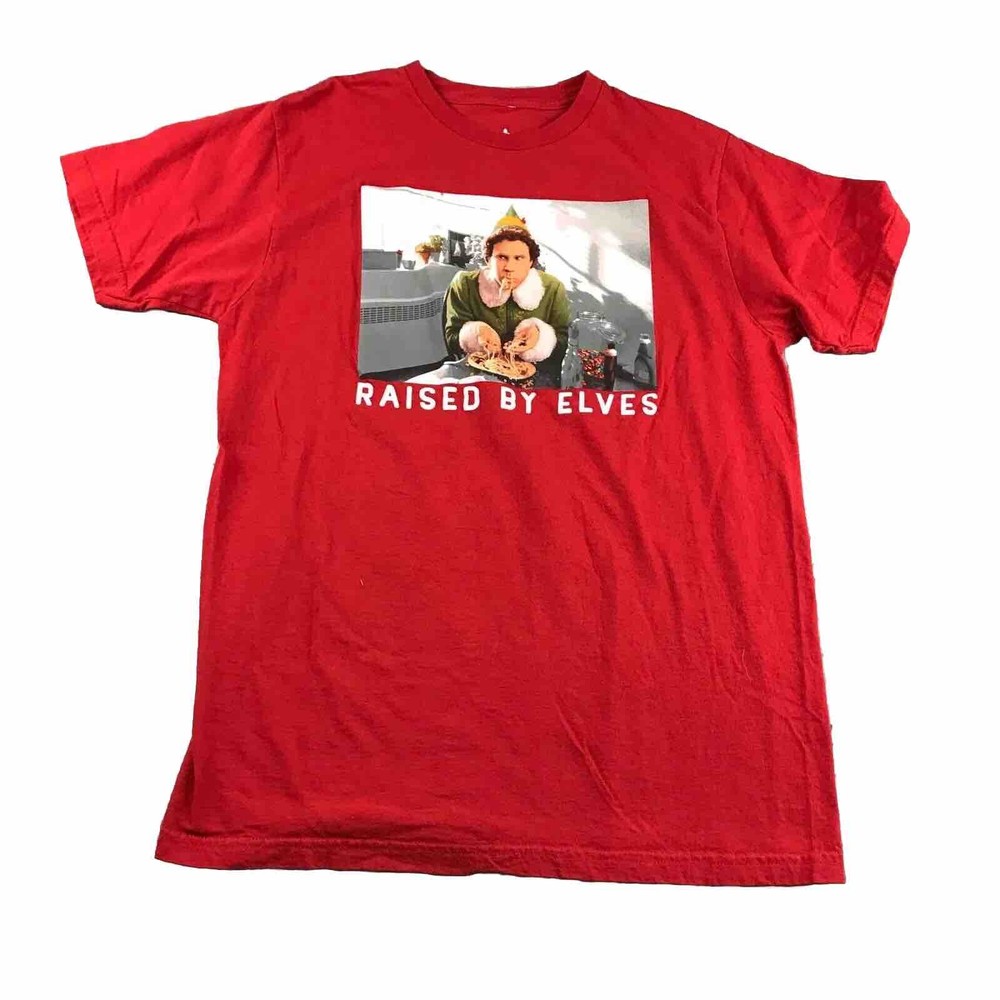 Elf Shirt Mens Large Red Cotton Crew Neck Short Sleeves Raised By Elves Tee