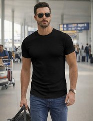 Mens Short Sleeve Black T Shirt Muscle Slim Fitted Summer Longline Stretch Te…