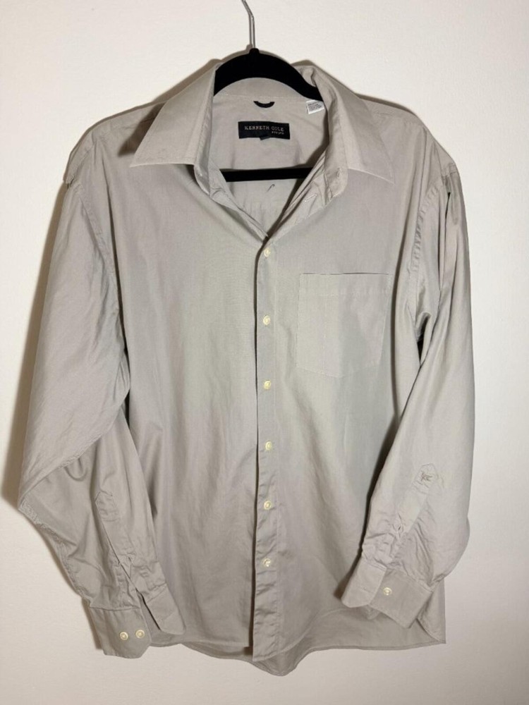 Kenneth Cole New York Cotton Blend Button Up Shirt Men’s Beige Minimalist Long