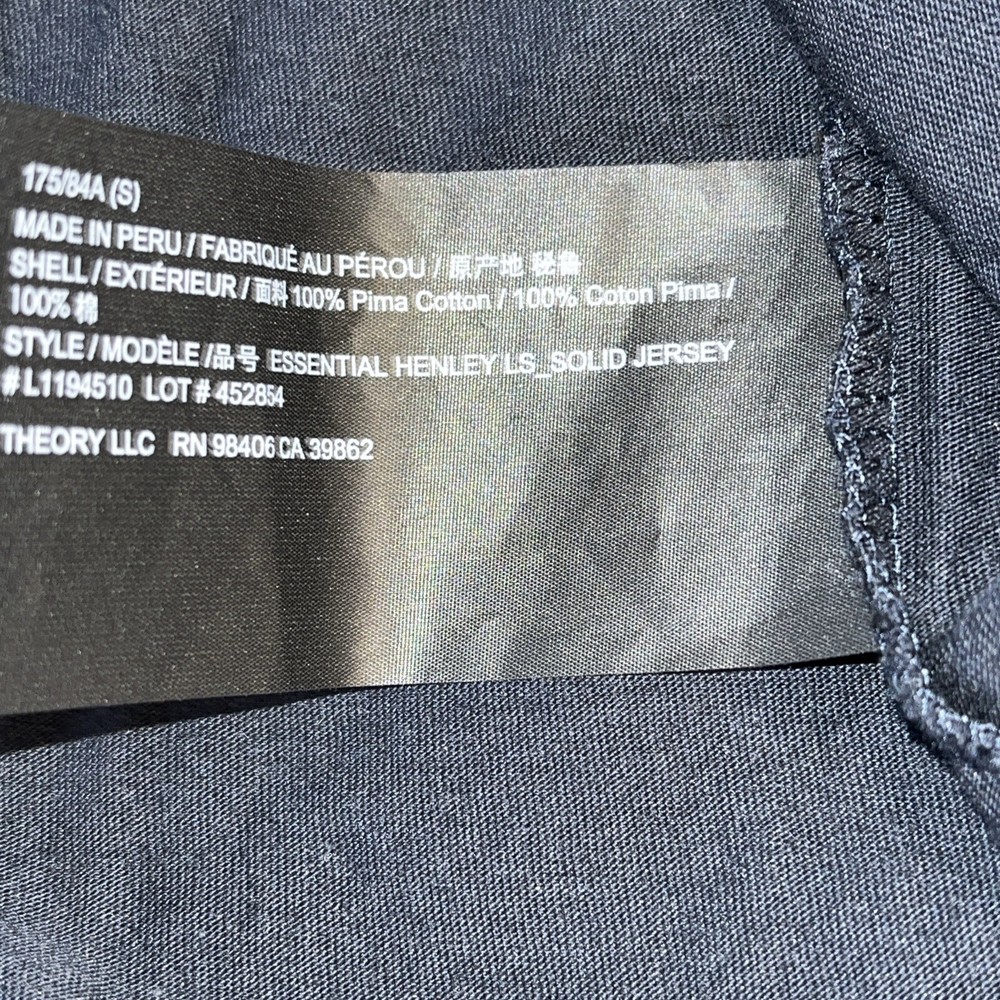 Theory Essential Henley Solid Jersey 3/4 Long Sleeve Black Small Pima Cotton