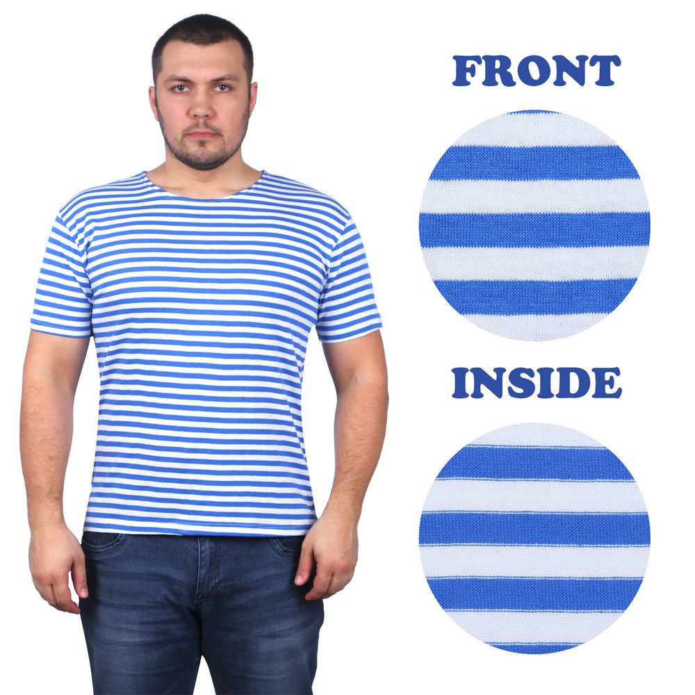 Men’s Striped Short Sleeved T-Shirt 100% Cotton Light Blue Original Telnyashka