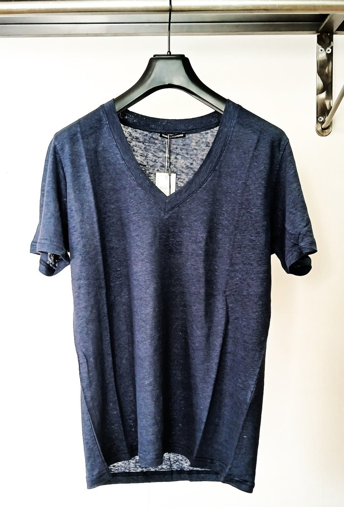 ALESSANDRINI DUTC0017 JLI0002 White Blue Black V Neck Linen T-Shirt