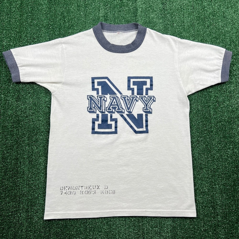 True Vintage US Naval Academy Stenciled Tag Navy Ringer T-Shirt M White 80s