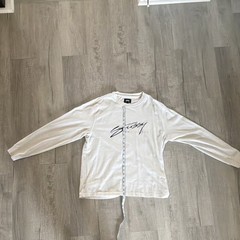 Stussy Men’s Beige Graphic Logo Crew Neck Long Sleeve Cotton Knit Tee L