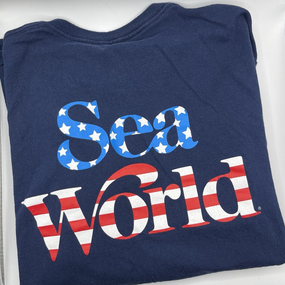 Marine World Navy Blue Red-White-Blue Stars Logo Size Large 100% Cotton