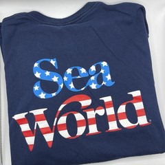 Marine World Navy Blue Red-White-Blue Stars Logo Size Large 100% Cotton