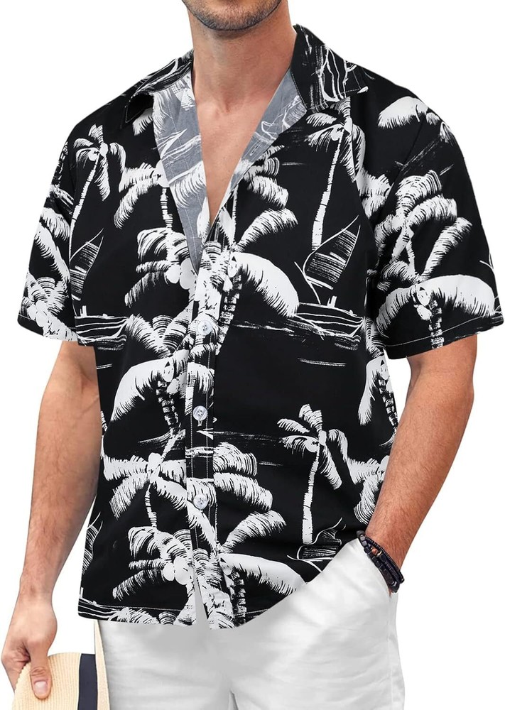 Mens Button Down Hawaiian Floral Shirt Casual Beach Vacation Tropical Top