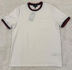 MEN’S BEN SHERMAN WHITE T-SHIRT SIZE M STRIPE COLLAR POCKET COTTON STRETCH TEE.