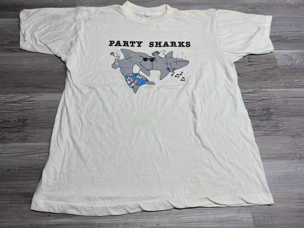 Vintage Party Sharks Cartoon T-Shirt 90s Beach Novelty Single Stitch XL