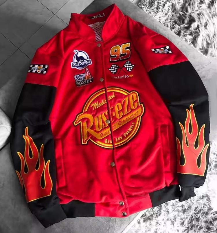 Mens Cars Lightning McQueen Baseball Jacket Red Oversized Embroidered Y2K Stre