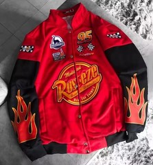 Mens Cars Lightning McQueen Baseball Jacket Red Oversized Embroidered Y2K Stre