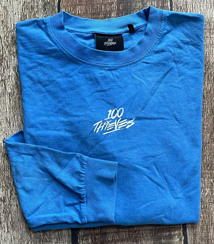 100 THIEVES LONG SLEEVE CREWNECK T-SHIRT BLUE MENS MEDIUM USA MADE GREAT SPOTS