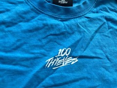 100 THIEVES LONG SLEEVE CREWNECK T-SHIRT BLUE MENS MEDIUM USA MADE GREAT SPOTS