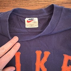 Vintage 90s Nike Blue Graphic SPELLOUT Logo T-Shirt Men’s Large Orange Lettering