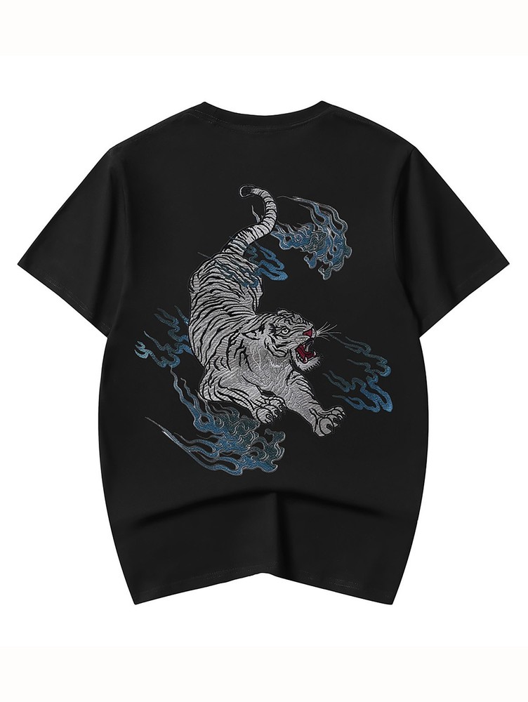 Niepce Men’s White Tiger with Blue Flames Embroidery Japanese Streetwear Tee