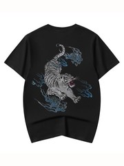 Niepce Men’s White Tiger with Blue Flames Embroidery Japanese Streetwear Tee