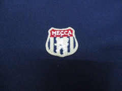 Vtg Mecca Mens T-Shirt Sz 2XL Y2K Blue Red V Neck Short Sleeve Jersey Spell Out