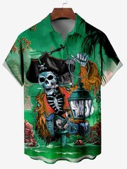 Mens Button Down Blue Pirate Skull Lantern Hawaiian Top Novelty Summer Shirt