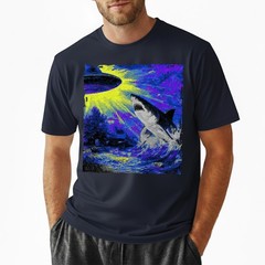 Retro UFO Shark Attack T-Shirt Vintage Sci-Fi Alien Abduction Space Graphic Tee