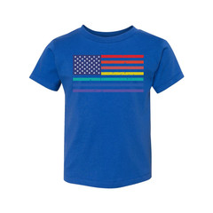 Unisex American Flag Tee With Rainbow Stripes Graphic Across Chest For Pride And