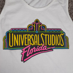 Vintage 90s Universal Studios Tank Mens Large White Neon Florida Art Deco USA