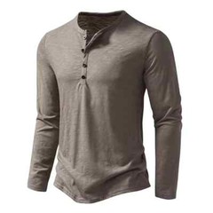 Men’s Shirt Cotton Henley Neck T-Shirts Long Sleeve Casual Button Plain 25% OFF