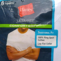 6 pk HANES Men’s Comfortsoft Tagless Lay Flat Collar Crew-Neck T-Shirt White L