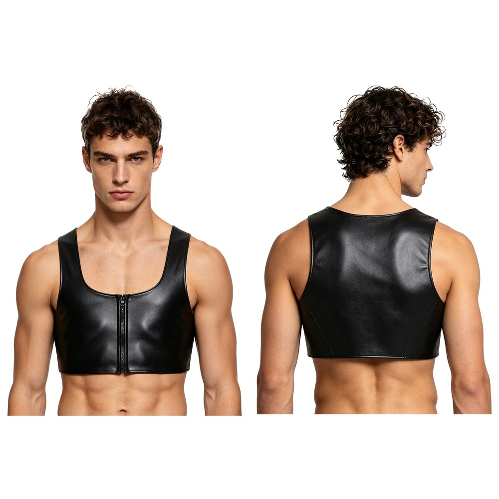 Mens PU Leather Crop Tank Low Square Neck Front Zipper Matte Faux Leather Top